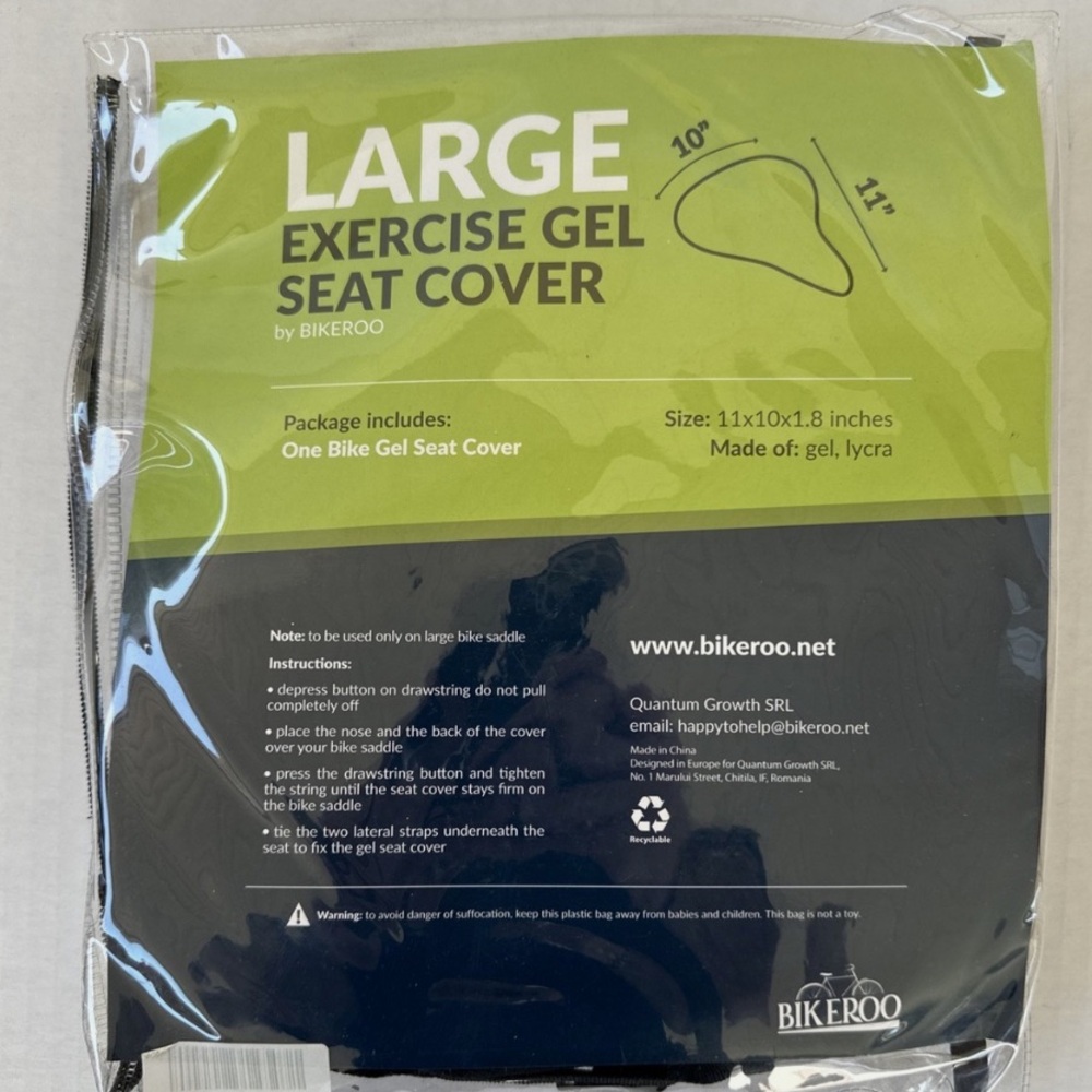 BIKEROO Exercise Bike Gel Seat Cover Black Size Large.